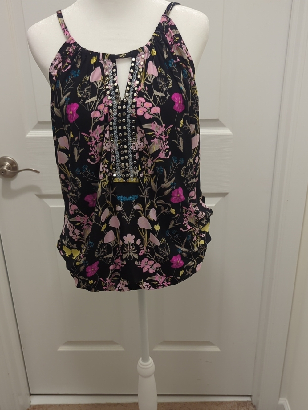 INC International Concepts Black Floral Halter Camisole with Stud Trim